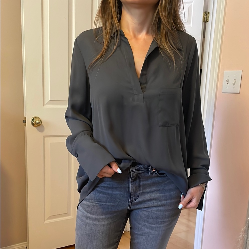 Pleione Gray Long Sleeve Polo Button Down Shirt